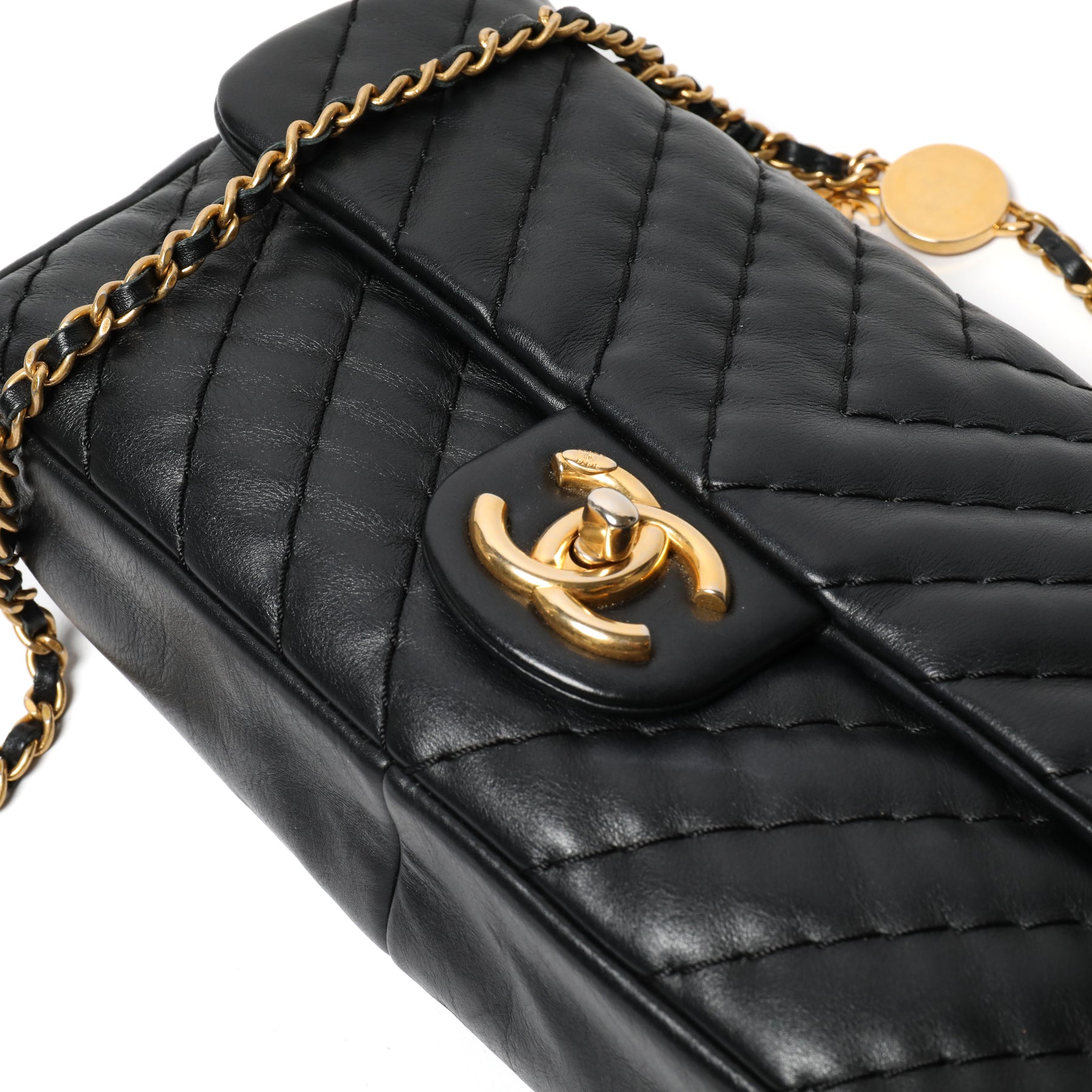 CHANEL Black V Stitch Double Flap Crossbody bag with Gold Chain